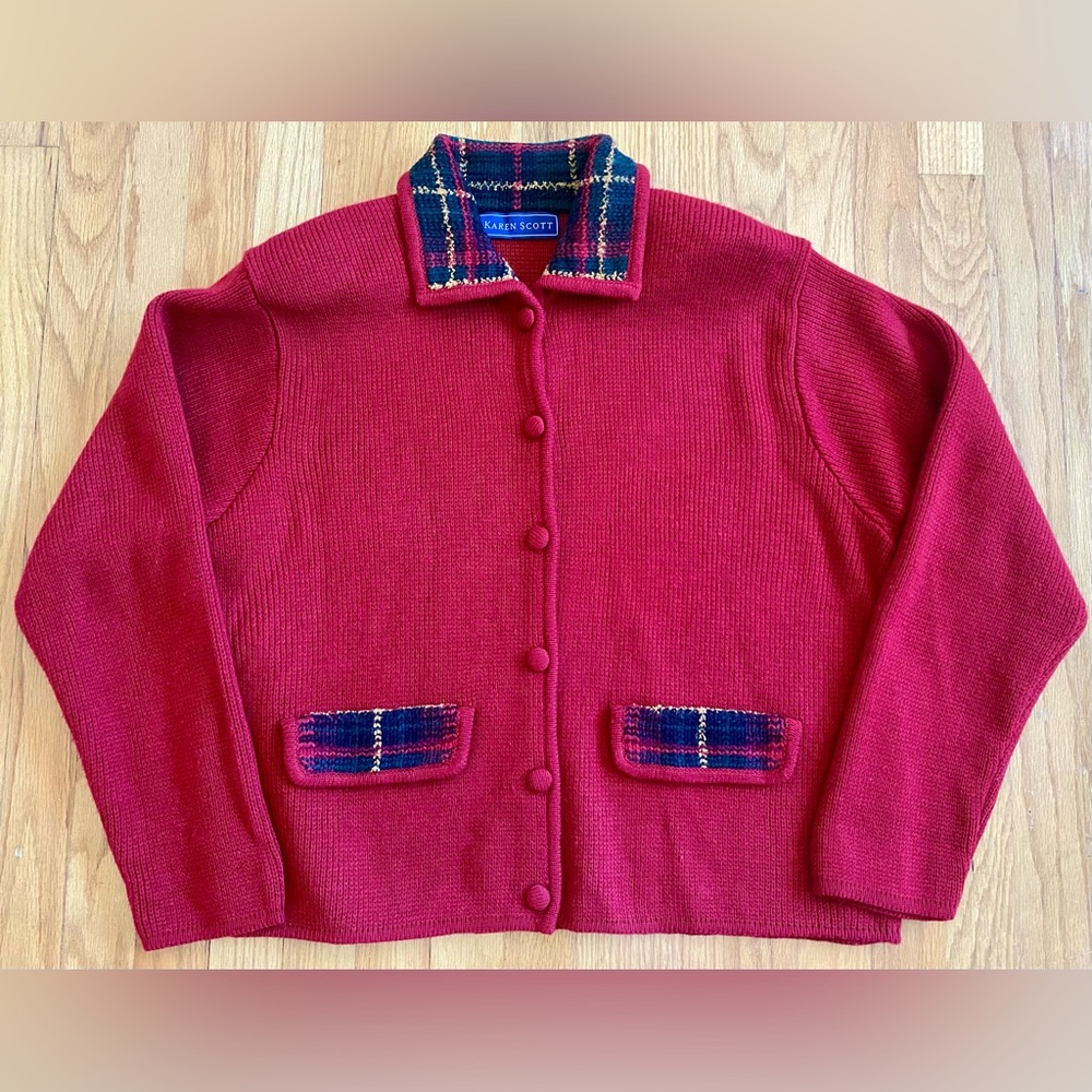 Vintage 80s KAREN SCOTT Plaid Cardigan *Large* Burgundy Knit Sweater Jacket